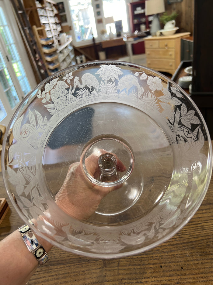 Antique Victorian Glass Compote with Crane Birds and Bamboo
