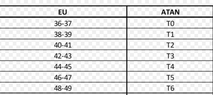 Atan wetsuit boots size chart showing EU and ATAN sizes from 36-49 and T0-T6.