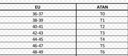 Atan wetsuit boots size chart showing EU and ATAN sizes from 36-49 and T0-T6.