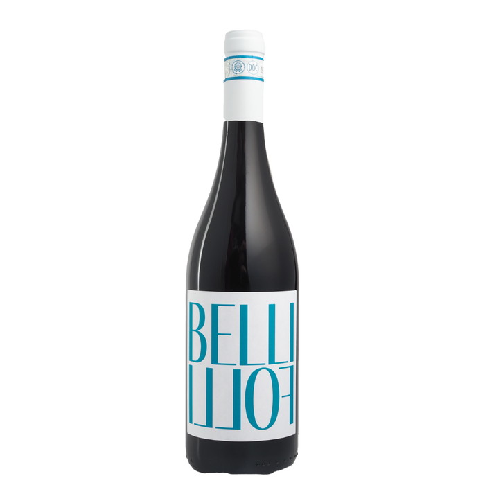 Belli Folli Nero d'Avola wine bottle with dark glass and blue-and-white label