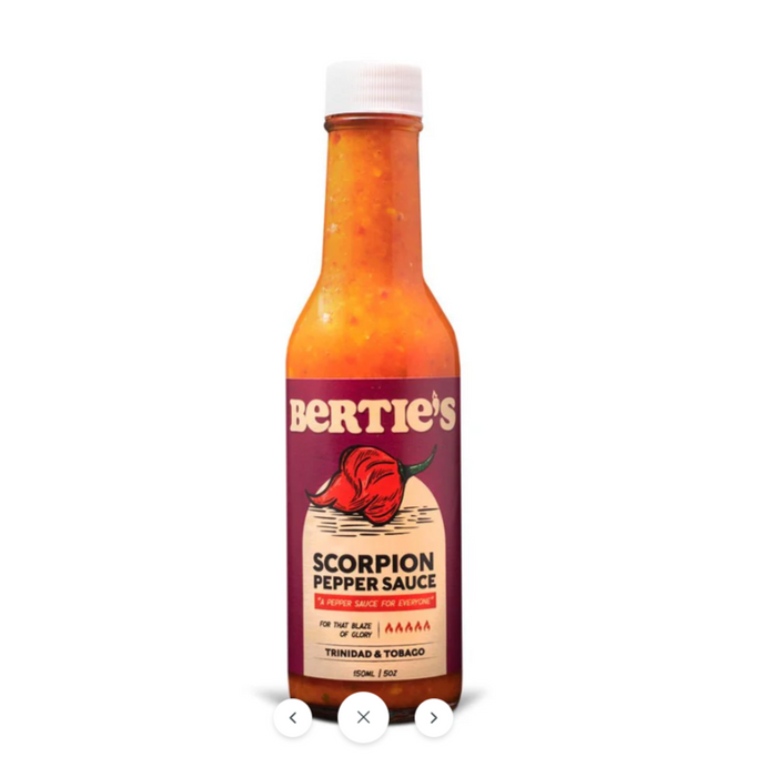 Very Hot Sauce, Bertie's Scorpion Pepper Sauce 150ml, Product of Trinidad & Tobago,