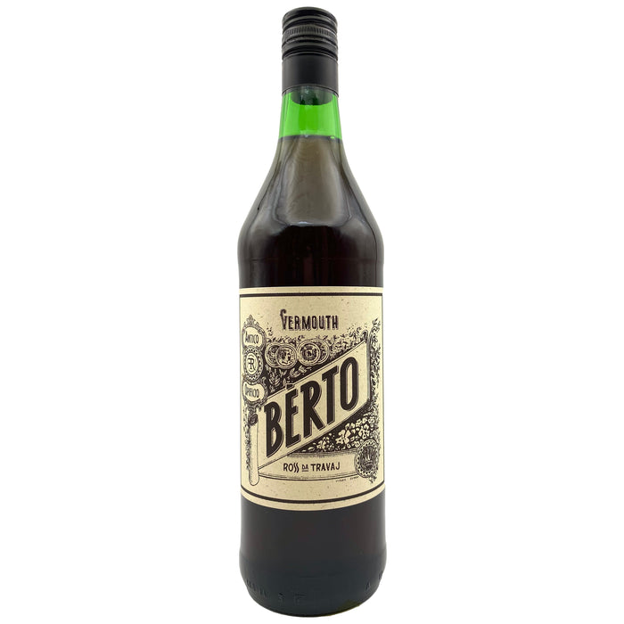 Vermouth bottle with dark glass, green foil top, and Berto label