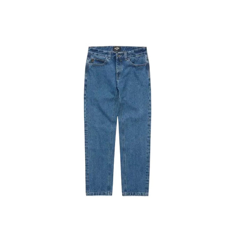 Blue denim jeans with classic fit and visible stitching details