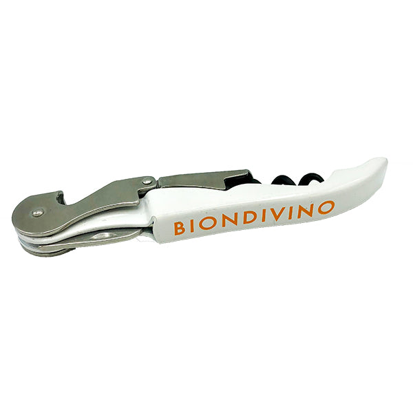 Biondivino wine key opener with white handle and orange label, metal lever corkscrew