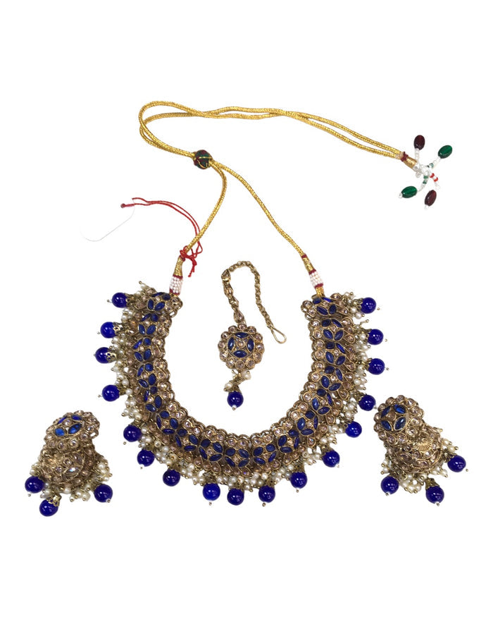 Blue - Medium Size Antique Finish Necklace Set with Earrings - MNA1122 KK 1122