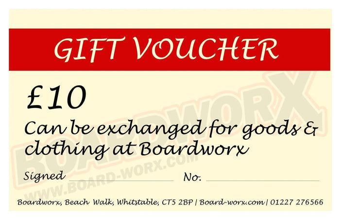 Boardworx £10 gift voucher, cream card with red header, exchangeable for goods and clothing.