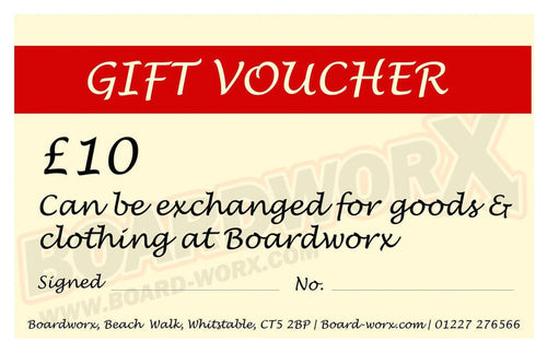 Boardworx £10 gift voucher, cream card with red header, exchangeable for goods and clothing.