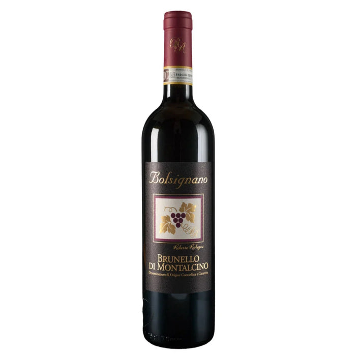Bolsignano Brunello di Montalcino 2018 red wine bottle with burgundy foil top