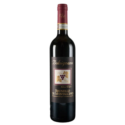 Bolsignano Brunello di Montalcino 2018 red wine bottle with burgundy foil top