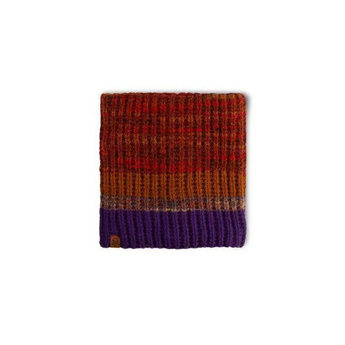 Patagonia wool neck gaiter in red, orange, and purple stripes for watersports warmth