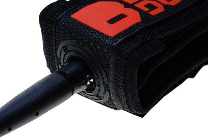 Bulldog 9ft Black Black Red Ankle Leash close-up with red logo and attachment point