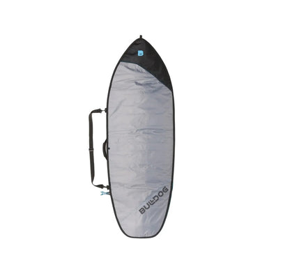 Bulldog surfboard bag with black and gray design, featuring blue logo and carry straps