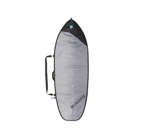 Bulldog surfboard bag with black and gray design, featuring blue logo and carry straps