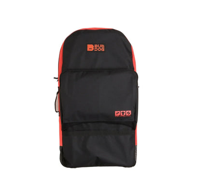Bulldog black and red surfboard bag with fins, wetsuit, wax storage