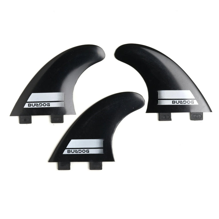 Bulldog black surfboard fins with white branding, ideal for watersports gear