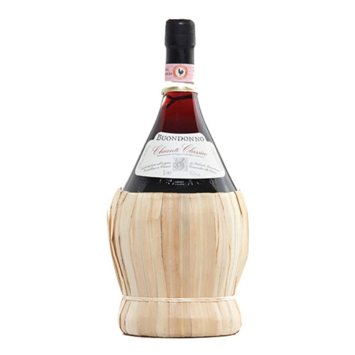 Buondonno Chianti Classico wine bottle with black cap, wrapped in straw basket