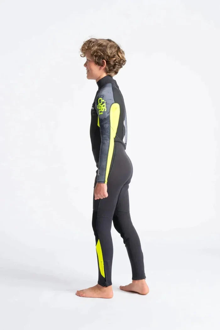 C-Skins Element 3/2 Junior wetsuit in black and yellow, side view on a child model