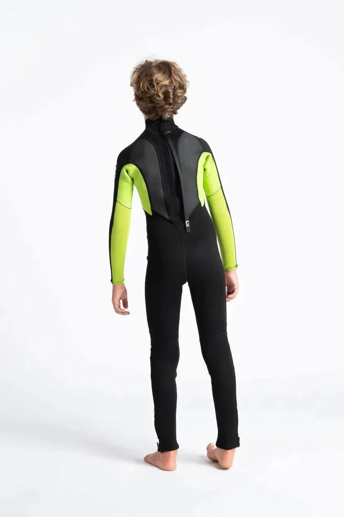 C-Skins Element 3/2 Junior Wetsuit with black and neon green panels, back view