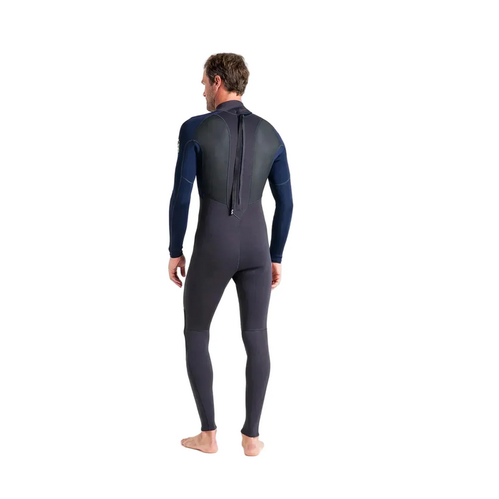 Man wearing dark blue and black wetsuit with back zipper, ideal for surfing and watersports.