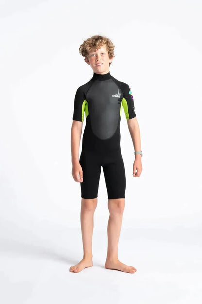 C-Skins Element Junior Kids Shorty Wetsuit in black with neon green panels, front view