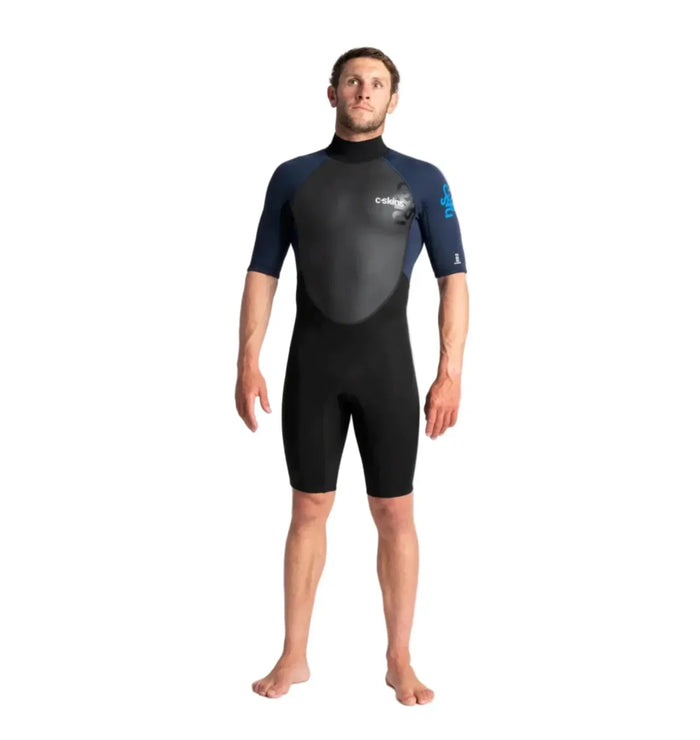 c-skins wetsuit with black and navy blue design, short sleeves and shorts for watersports