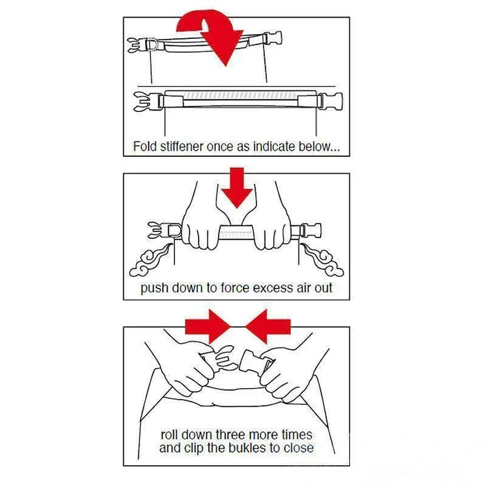 C-Skins Swim Buoy 28L Dry Bag instructions, folding and sealing process illustrated.