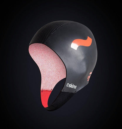 C-Skins Swim Research Cap black neoprene swim hat with red lining and logo