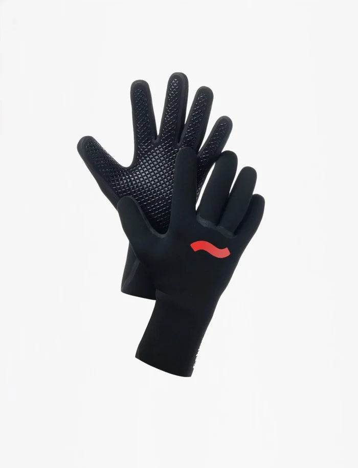 Black wetsuit gloves with red logo, textured grip for watersports