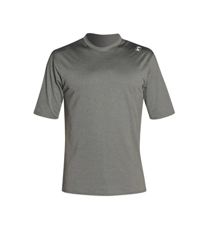 Grey short-sleeve watersports shirt with logo, ideal for paddleboarding or surfing