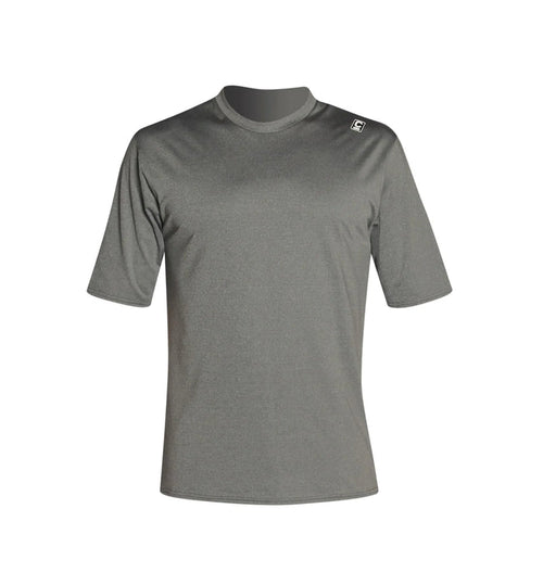 Grey short-sleeve watersports shirt with logo, ideal for paddleboarding or surfing