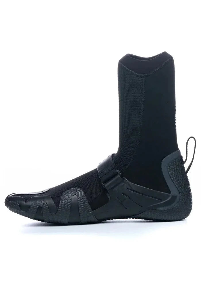 Black wetsuit boot with textured sole and ankle strap for watersports