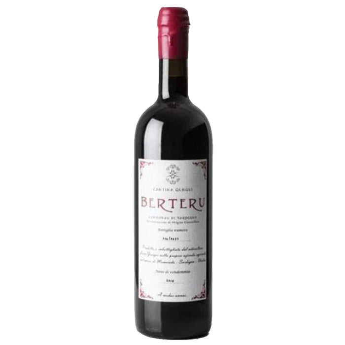 Red-capped dark glass wine bottle with front label