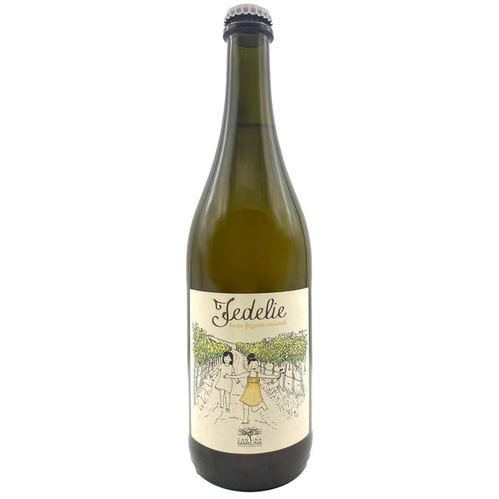 Sparkling white wine bottle with foil cap and cream label featuring vineyard illustration