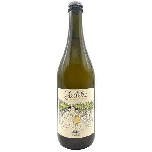 Sparkling white wine bottle with foil cap and cream label featuring vineyard illustration
