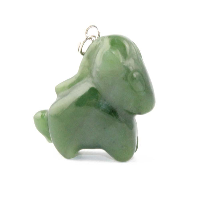 Green jade cartoon horse pendant charm with a metal loop for hanging.