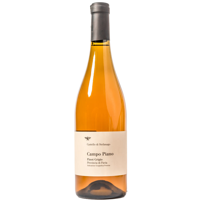 Castello di Stefanago Campo Piano Pinot Grigio wine bottle, orange-gold glass