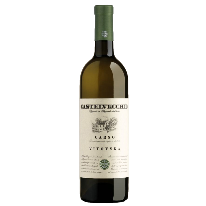 Wine bottle with green cap and white label with Castelvecchio Vitovska text.