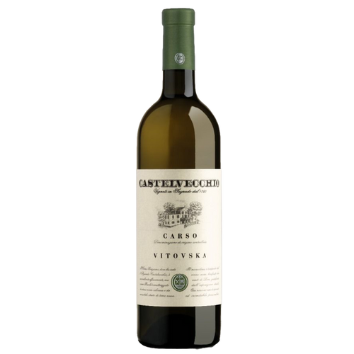 Wine bottle with green cap and white label with Castelvecchio Vitovska text.