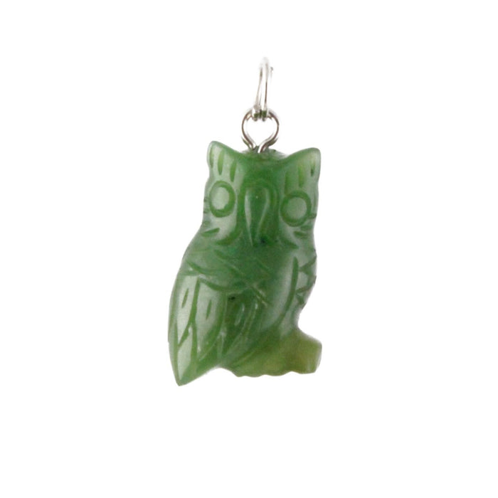 Green jade owl charm with carved features and a hanging loop
