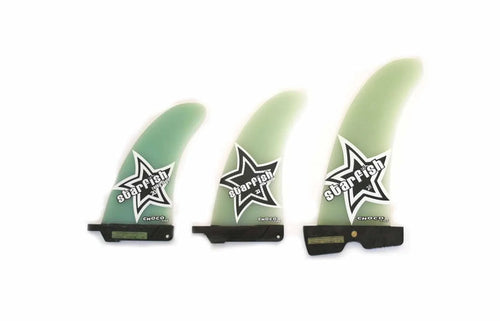 Choco Starfish windsurfing fin, three sizes, green with black and white star logo