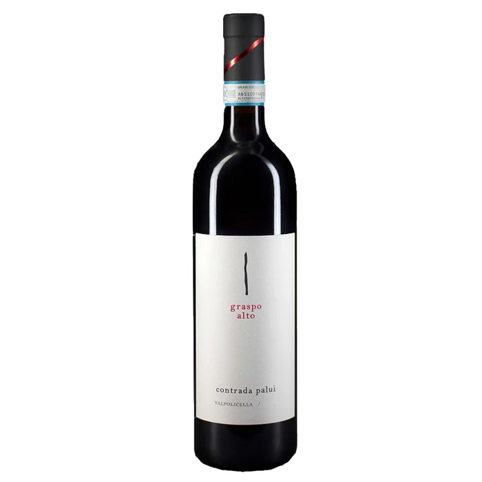 Wine bottle with dark glass and front label, red and blue foil on neck