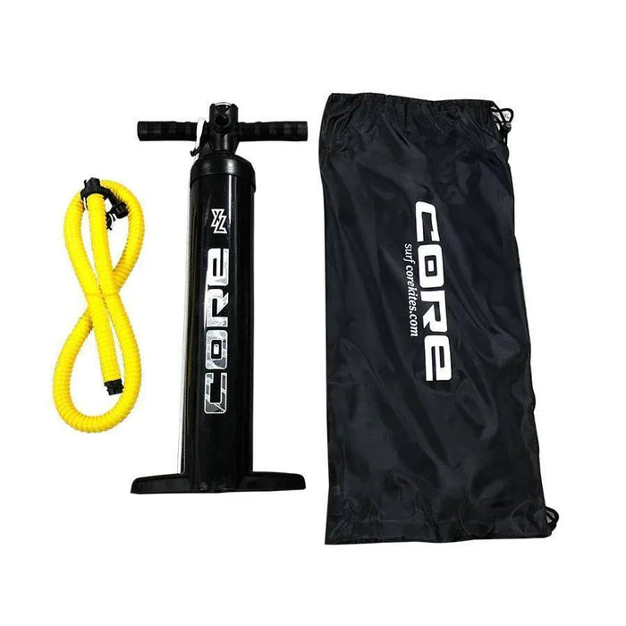 CORE Kite Pump XL 2.9L black kitesurfing pump with yellow hose and carrying bag