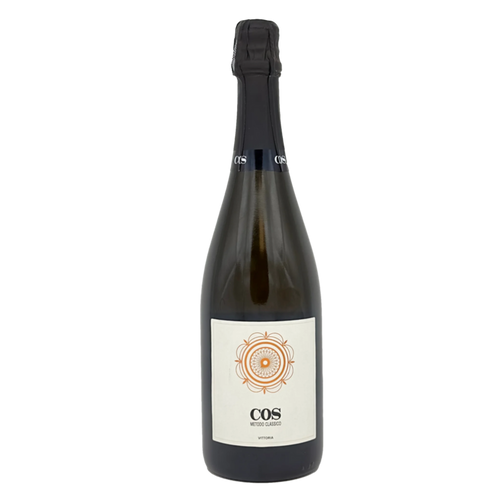 Dark sparkling wine bottle with COS label and foil-wrapped neck