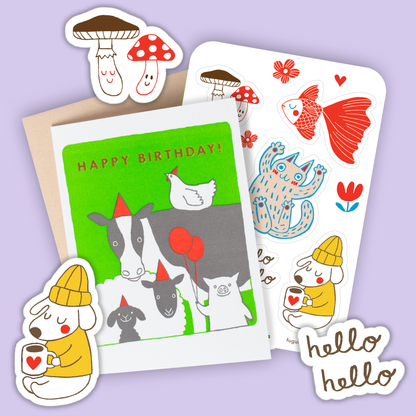 Card & Sticker Sheet Set - Farm Animals Bday