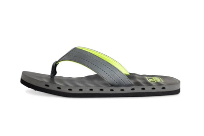 Da Kine grey flip flops with neon yellow accents, ideal for watersports and beachwear
