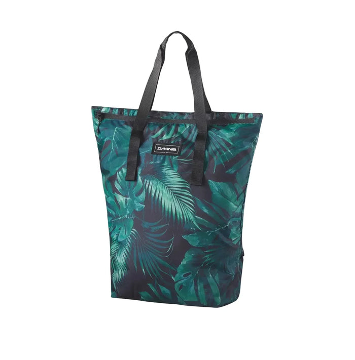 Tropical leaf patterned tote bag with a visible brand logo on a light gray background