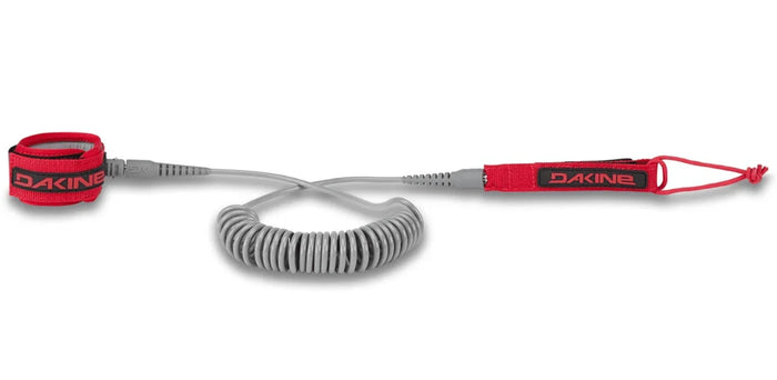 Dakine red surfboard leash with coiled gray cord for watersports