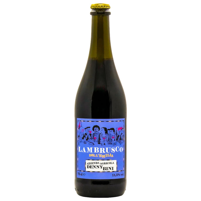 Denny Bini Lambrusco wine bottle with blue label and foil cap
