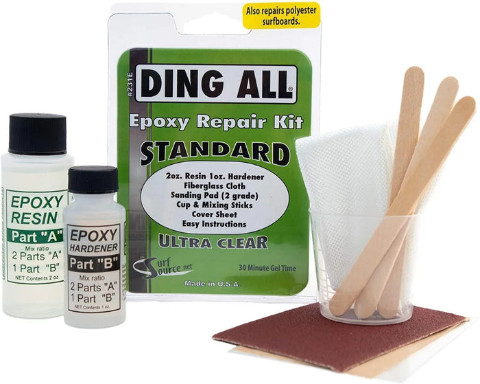 Ding All Standard 3oz Epoxy Kit for surfboard repair with resin, hardener, and repair tools