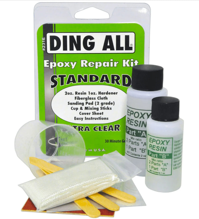 Ding All Standard 3oz Epoxy Kit for surfboard repair with resin, hardener, sticks, and cloth